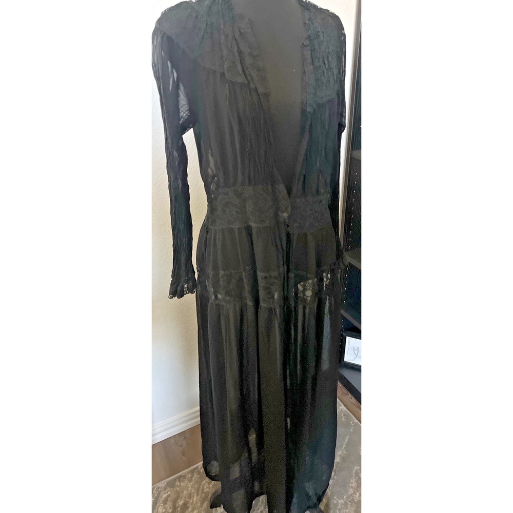 Black Sheer Floral Lace Maxi Dress Womens Medium Witchy Goth Cottagegore Boho - Picture 2 of 2